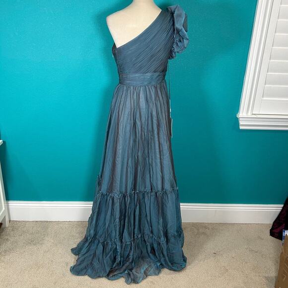 NWT Mac Duggal Organza One-Shoulder Pleated Tiered Gown Formal Sage Size 6 - Picture 5 of 8